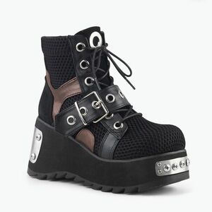 Demonia | Scene 53 | Black, Bronze and Silver Platform Ankle Boots
